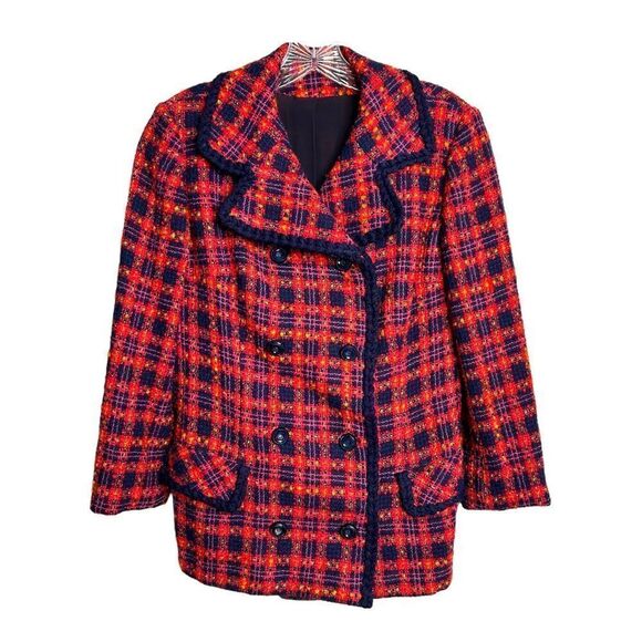 Taylor Brooke Wool Peacoat Double Breasted Red Plaid Tweed Button Women M - Picture 1 of 9